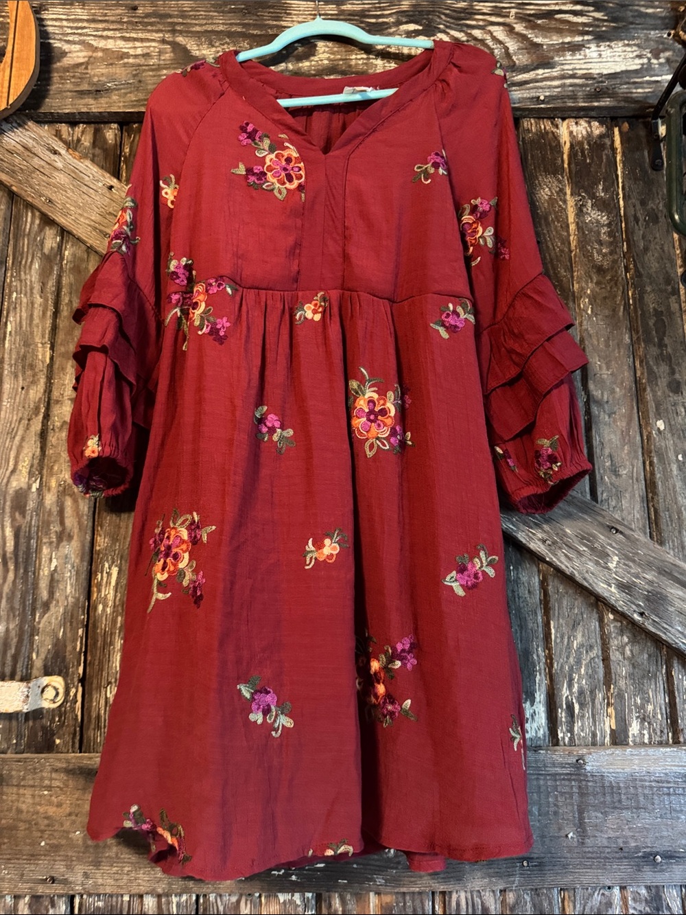 Anthropologie fig and flower Brick Red Floral Embroidered Midi Dress